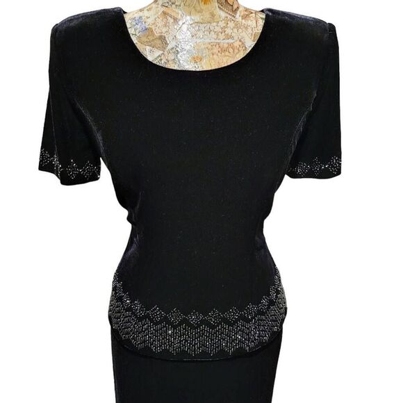 Formal Long Black Velvet Beaded Long Gown Maxi Dress Designer R&M Richards - Picture 7 of 12